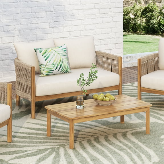 Christopher Knight Home Modern Outdoor 2 Piece Woven Rope Loveseat Coffee Table Set with Cushions, Solid Wood, Beige