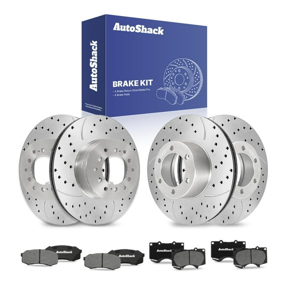 AutoShack Front & Rear Drilled & Slotted Brake Rotors Ceramic Brake Pads | Replacement for 2001-2007 Toyota Sequoia 4.7L V8 4WD RWD | Silver Zinc Coated | 12-PC Brake Kit | SilverShield Pro