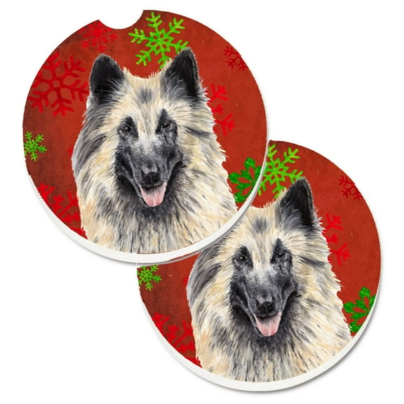 Belgian Tervuren Red and Green Snowflakes Holiday Christmas Set of 2 Cup Holder Car Coasters