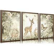 Woodland Animal Nursery Canvas Wall Art Cute Forest Animal Wall Decor Pictures Deer and Butterfly Wildflowers Posters Prints for Nursery Bedroom Kids Room Home Decoration