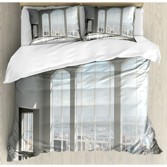 Modern Duvet Cover Set, House in Urban City Scenery with Country Home View from Windows Print, Decorative 3 Piece Bedding Set with 2 Pillow Shams, Queen Size, White and Eggshell, by Ambesonne