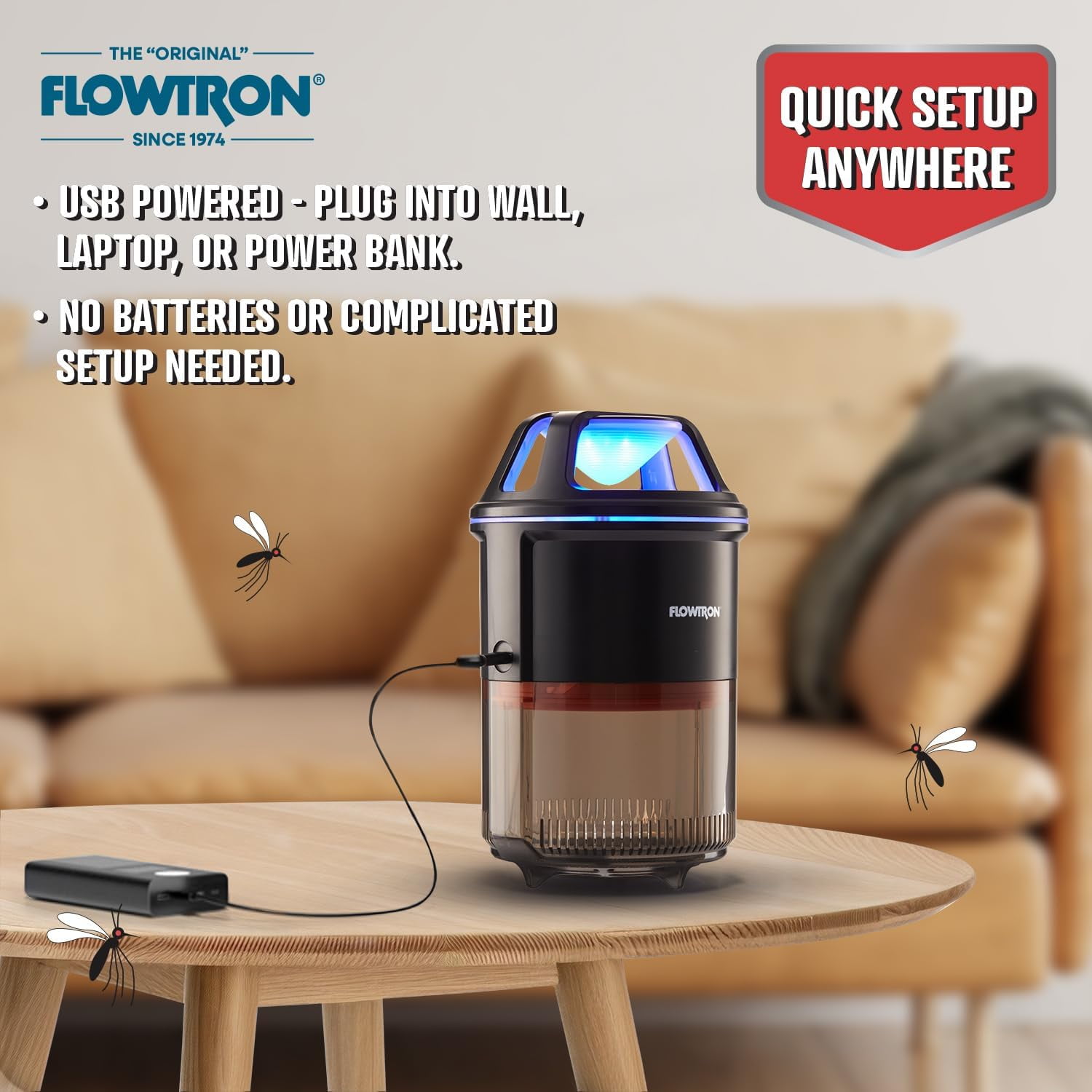 Flowtron Indoor Bug Trap with UV Light and Fan, USB-C Powered Mosquito Catcher, 860 sq ft Coverage