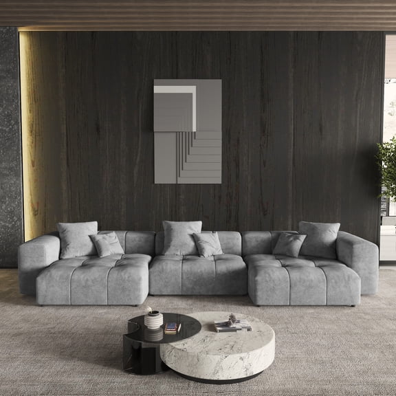 144" Modular Sectional Sofa, Modern Linen Deep Seat Cloud Couches for Living Room, Apartment, Office, 3-Seat, Gray Couch