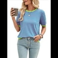 thumbnail image 2 of Womens Tops Casual Summer Crewneck Short Sleeve Striped Color Block Knit High Low Trendy Pullover Sweaters Pink Green L, 2 of 7