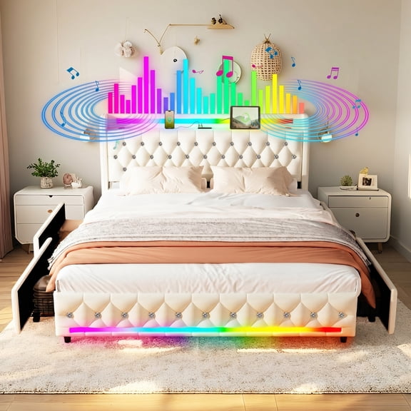 Bioever Queen Bed Frame with Bluetooth Speakers and LED Lighting, Charging Port, 4 Storage Drawers, Beige,Velvet
