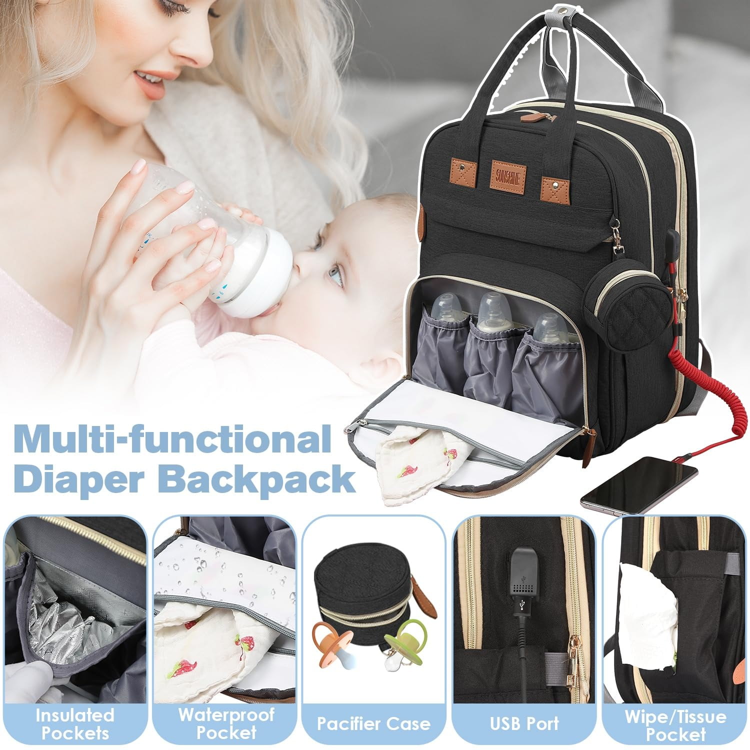 RsenFremior 3 in 1 Diaper Bag Backpack, Foldable Baby Bed Waterproof Travel Bag with USB Charge& Insulated Pockets, Large Unisex Diaper Bag Backpack for Baby