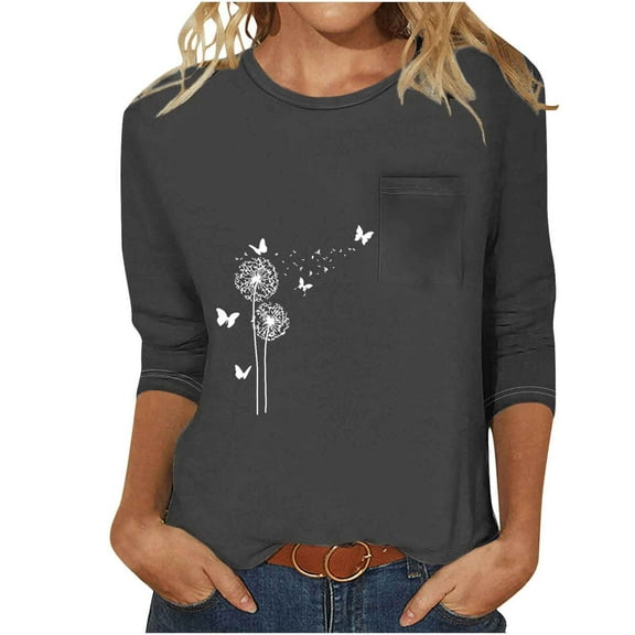 Fall Saving 2025 QUINDOS 3/4 Sleeve Womens Graphic Tee Shirts Plus Size Tops for Women Gray Casual Classic Fit Crew Neck with Pocket Tops