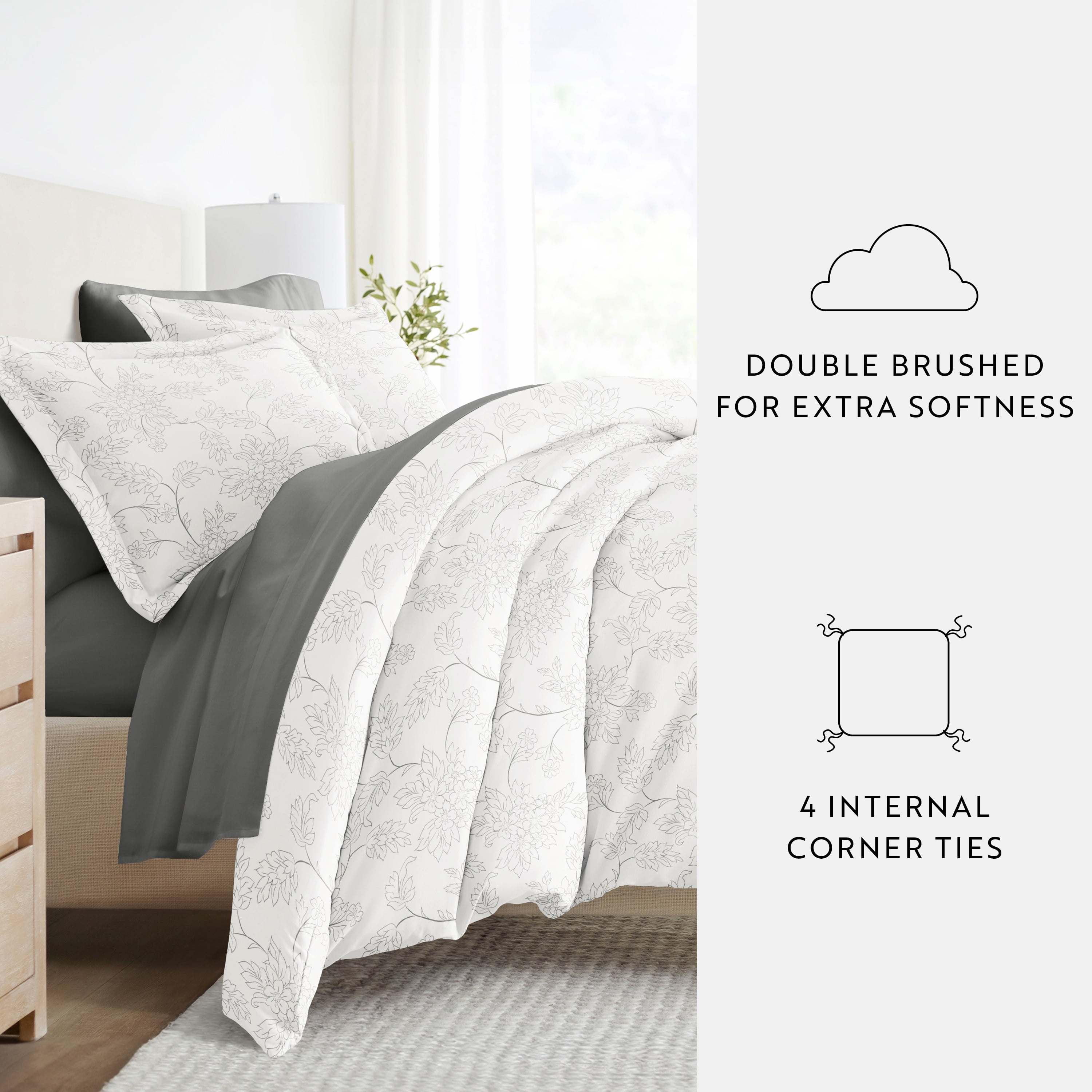 Noble Linens 8 Piece Patterned Duvet Bedding Bundle, Vines Gray, Full