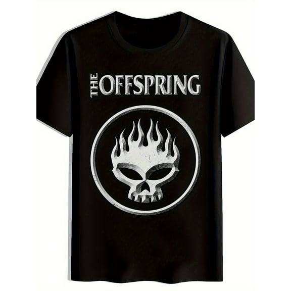 Men'S Vintage Rock Band Graphic T-Shirt - Black Short Sleeve Crew Neck, OFFSPRING Skull & Flame Design, Breathable Polyester, Machine Washable, Perfect for Concerts, Festivals, Beach & Gift Summer