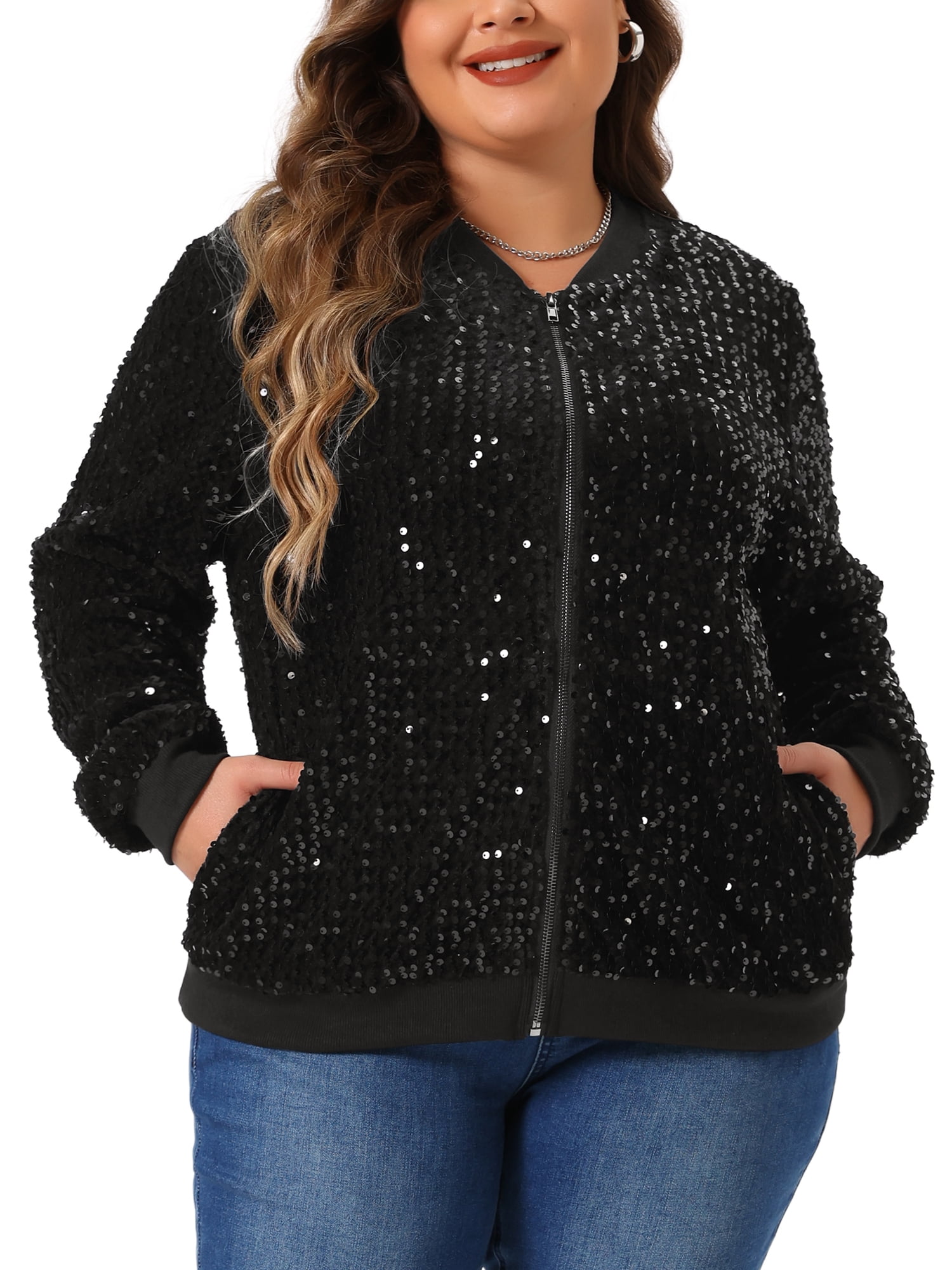 DARING DIVA Plus Size Sequin Sparkle Long Sleeve Front Zip Bomber Jacket 1X Black