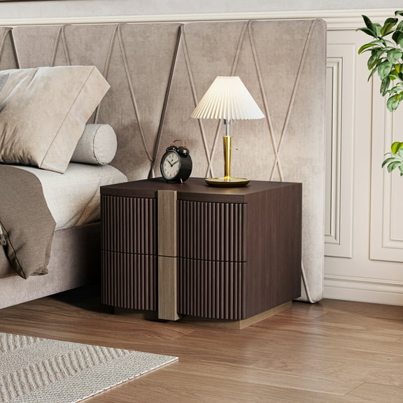 Christopher Knight Home 23.6" Modern Nightstand, 2-Drawer Fluted MDF Bedside Table, Dark Brown