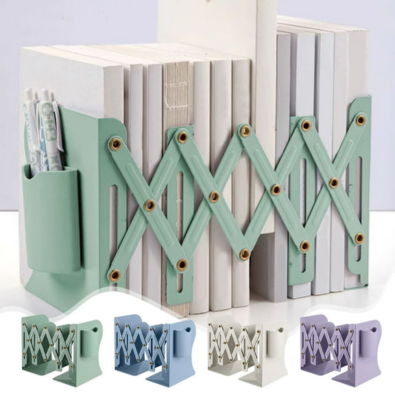Retractable Metal Desktop Book Stand Organizer | Folding Bookshelf with Integrated Brush Pot | Adjustable Non-Slip Book Clip | Space-Saving Storage Rack | 18x14.5x10cm | Green Blue White