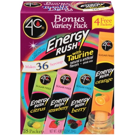 (12 Pack) 4C Energy Rush with Taurine Drink Mix, Variety Pack, 0.26 Oz, 18