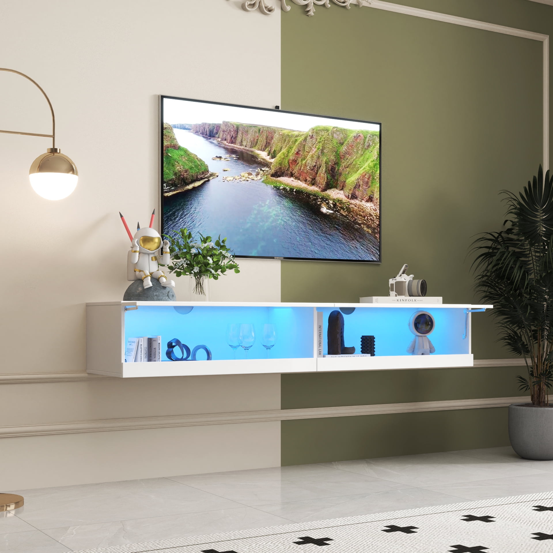 Mintazer Wall Mounted Floating TV Stand for TVs up to 80", Entertainment Cabinet with LED Light & Charging Station for Living Room, White