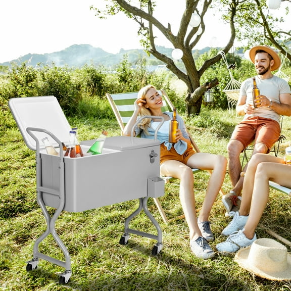 80 Quart Rolling Cooler Cart with Wheels,Built in Bottle Opener,Cap Catcher,Drain Plug and Locking Casters,Insulated Outdoor Beverage Cooler for Backyard,Deck,Pool and Tailgates,Gray