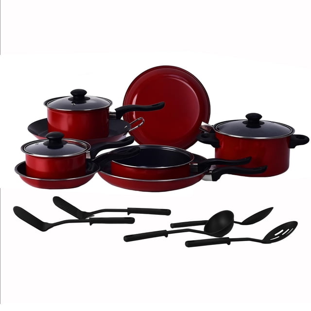 Batería de Cocina ColorHome Kit Sartenes Acero 16 Pzas Antiadherente Rojo