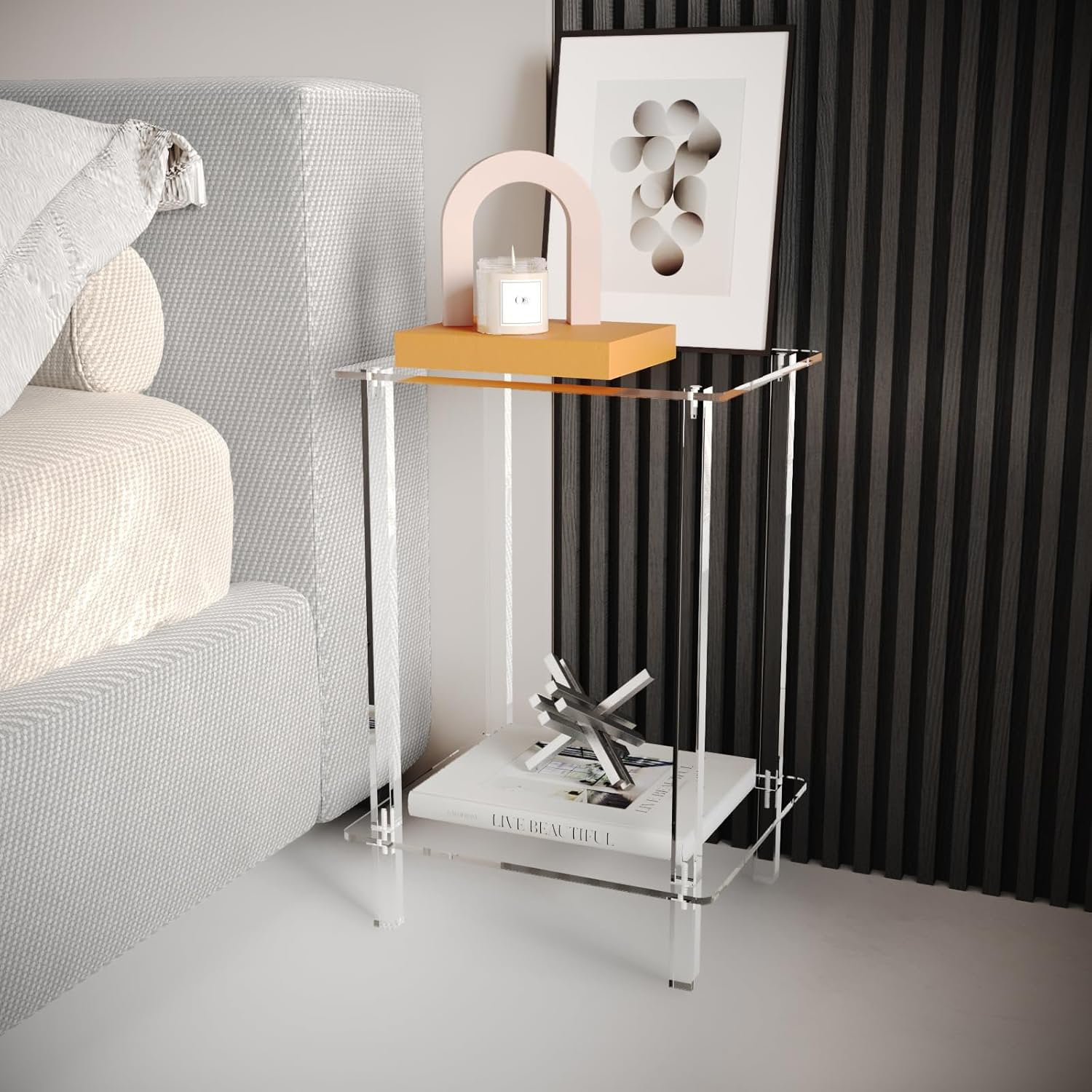 1 Pc 2-Tier Acrylic Square Side Table, Corner Tea Side Table for Home, Bedroom Bedside Table for Nightlight, Small End Table for Tight Spaces, Clear Coffee Table for Books(15.7 x 11.8'')