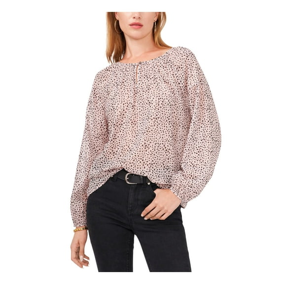VINCE CAMUTO Womens Pink Sheer Keyhole Closure Pintucking Animal Print Long Sleeve Crew Neck Peasant Top XS