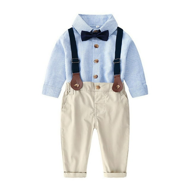AherBiu Toddler Baby Boy Clothes Suit Striped Button down Shirts with Rompers Kids Gentleman Wedding Outfits