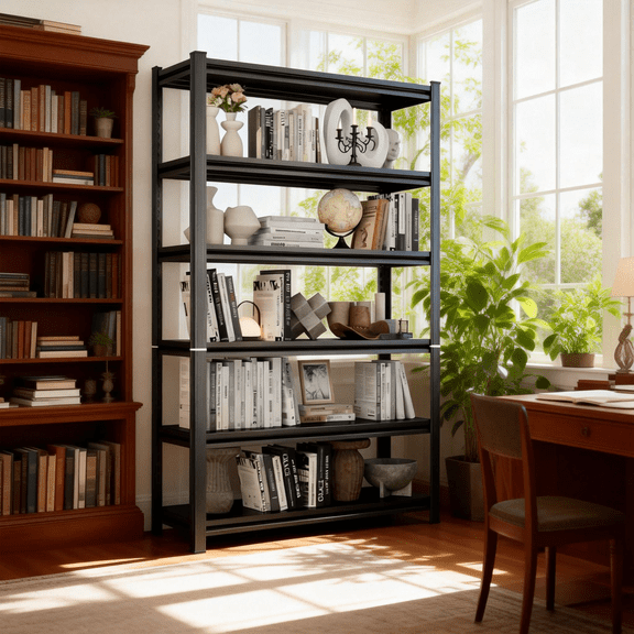 6-Tier Metal Bookshelf, 3600LBS Industrial Bookshelves, 78" H Display Bookcase, Adjustable Bolt-Free Storage Shelves for Living Room, Bedroom, Garage, Kitchen, Black