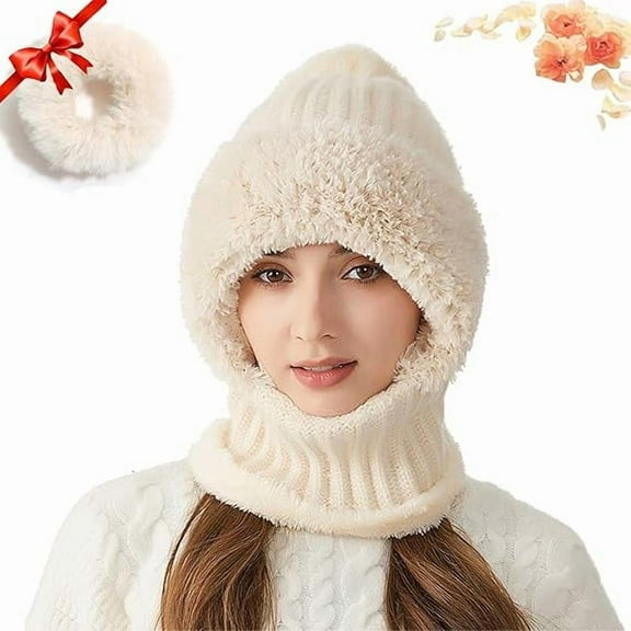 Averageon 3 in 1 Beanie Hat for Women, 3-in-1 Knitted Beanie Hat, Mask Set Hooded Piece Windproof Warm Snow Cap(Beige)