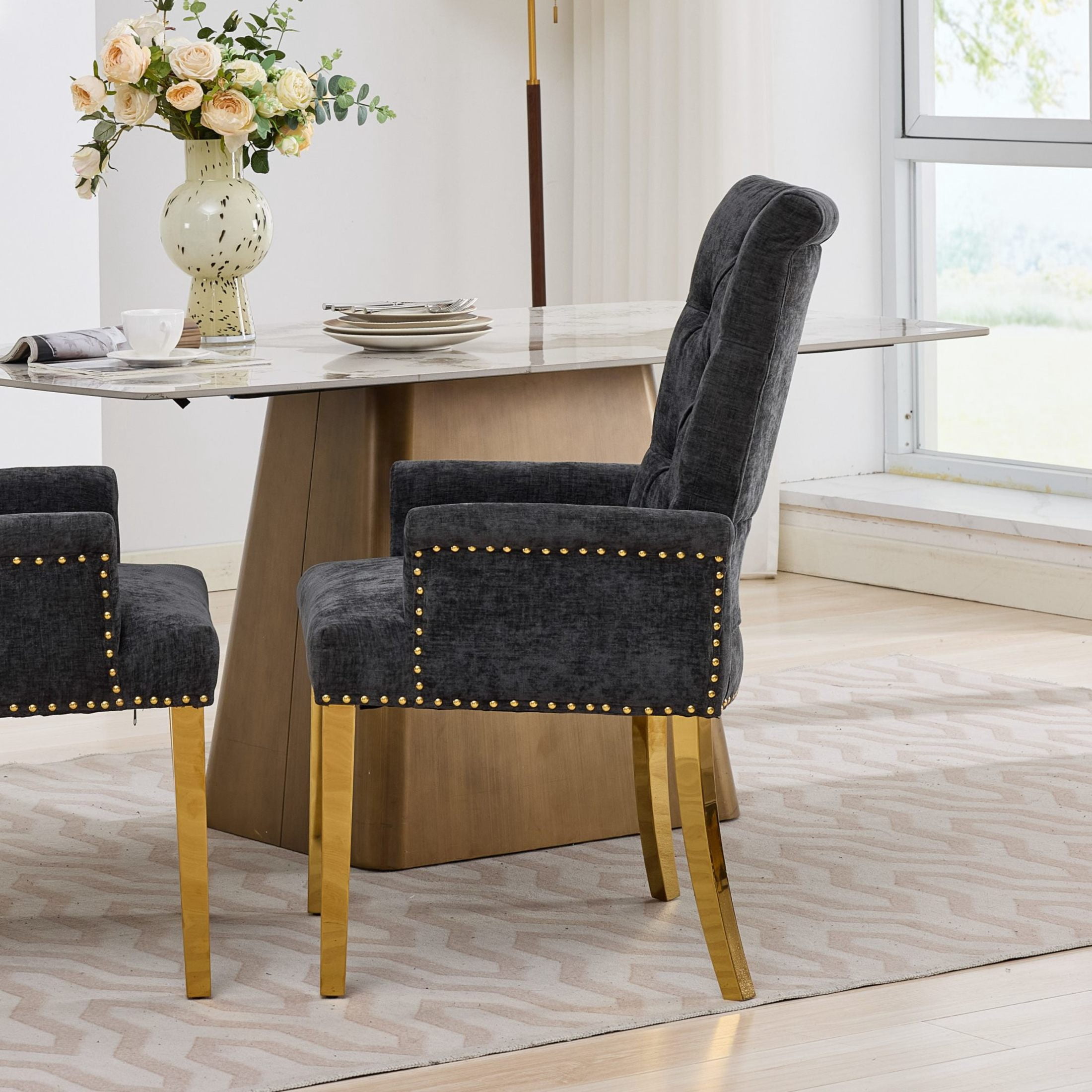 GDF Studio Upholstered Dining Chair with Button-Tufted Back, Nailhead Trim, Stainless Steel Legs, Black