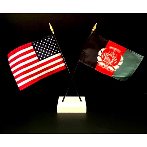 Afghanistan Desk Flag Set; Contains One USA and One Country Flag with a White Crossed Base, American Made