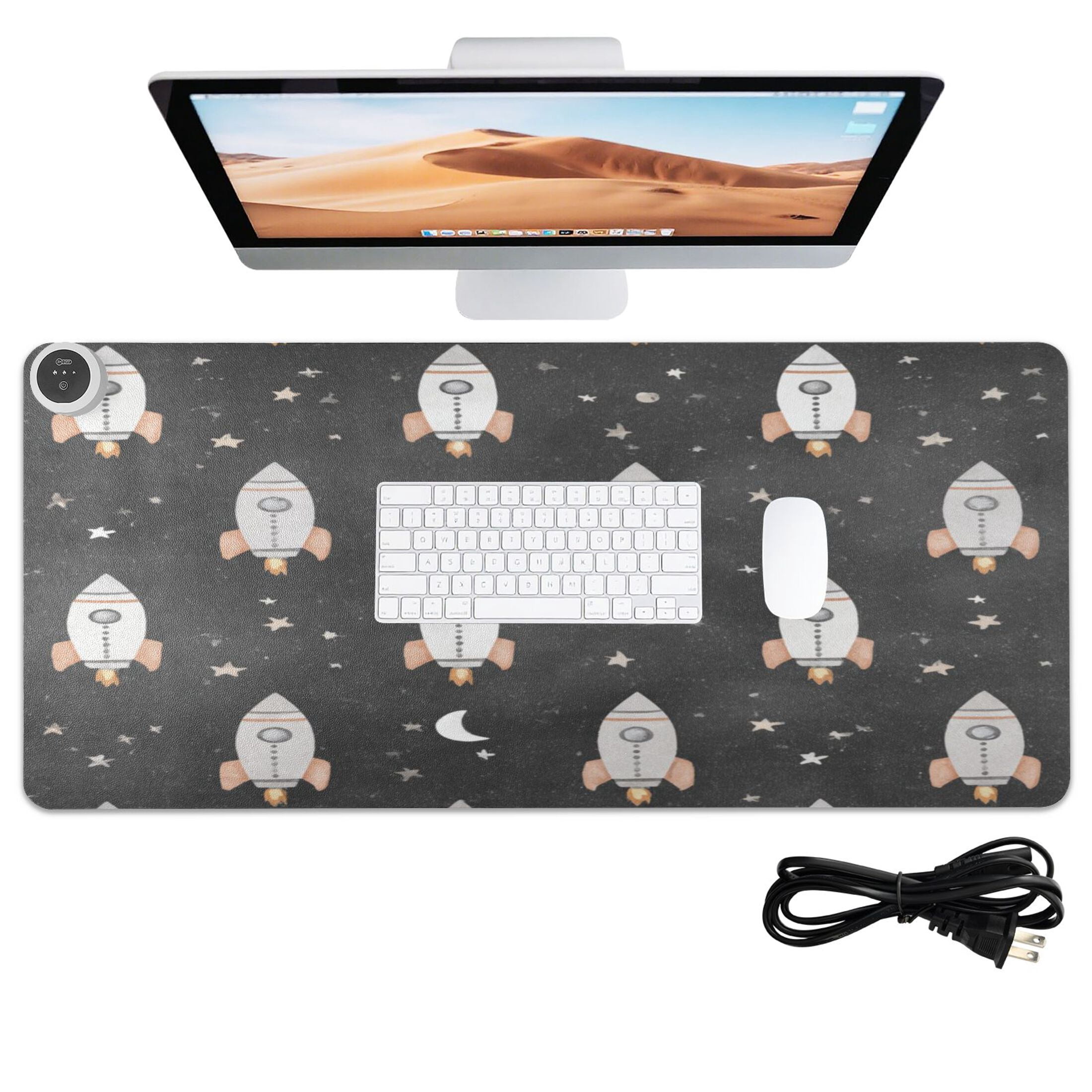 Large Heated Desk Mat Mouse Pad 31.5"x13"PU Leather Graphene Heating Desk Warmer with 3 Temperature Settings 110V US Plug Non-Slip Warm Pad for Home, Office, and Gaming Black Space Rocket Pattern