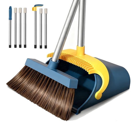 Fuvuan Broom and Dustpan Set, 51" Stand Up Self-Cleaning with Comb Teeth for Pet Hair Home Kitchen Office, Blue