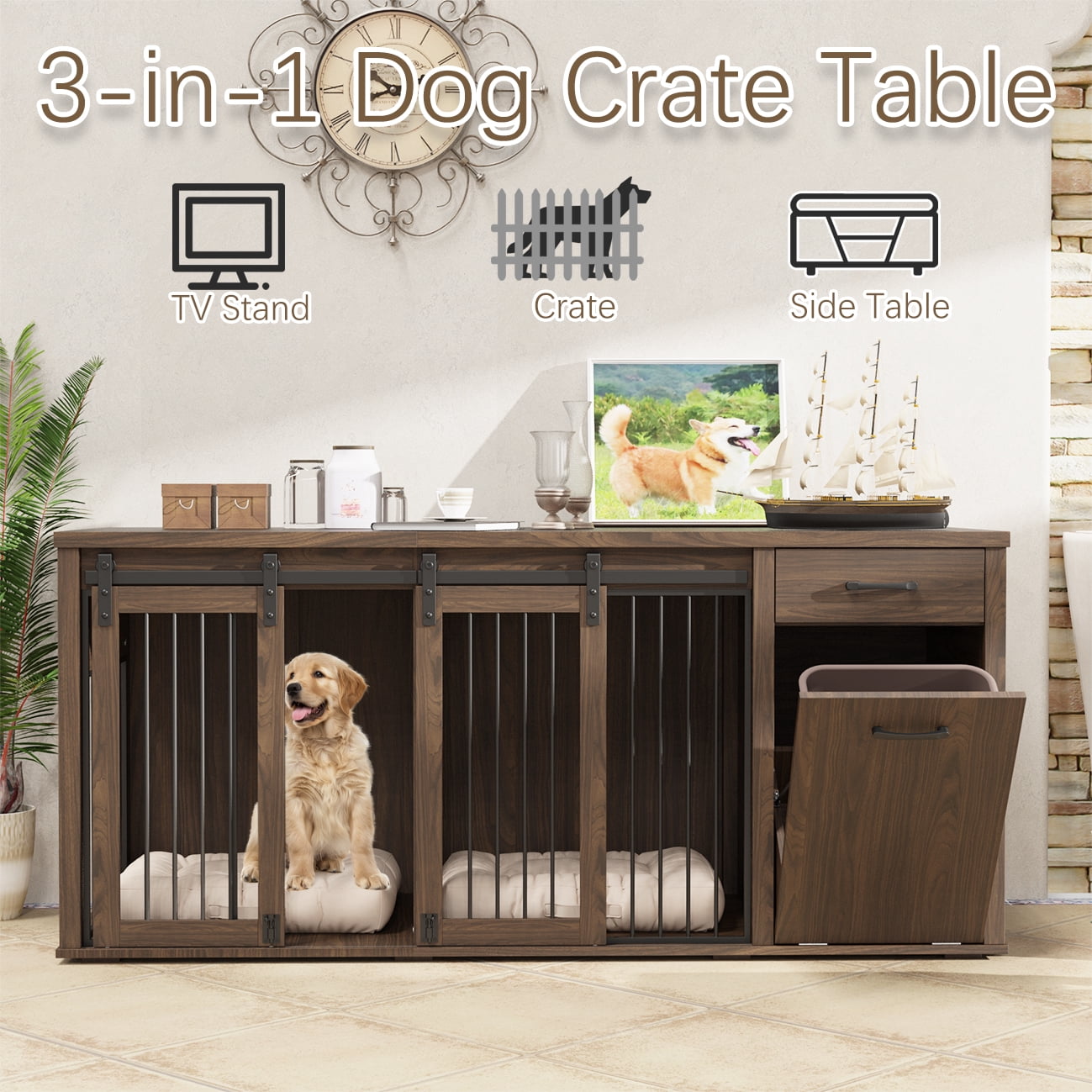 71'' Multi- Functional Dog Crate Furniture for 2 Dogs with Divider and Sliding Doors, Large Dog Kennel with Storage Drawer and Tilt Out Trash Cabinet, Brown