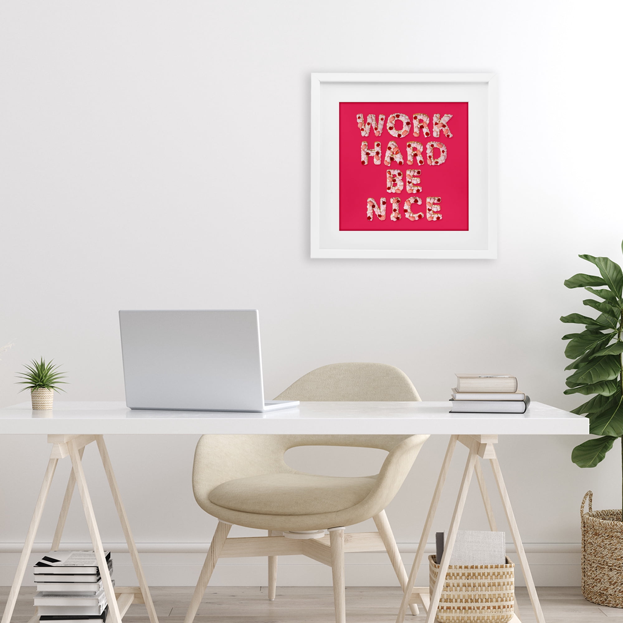 Work Hard Be Nice White Framed Print Under Glass, design by LISH Creative