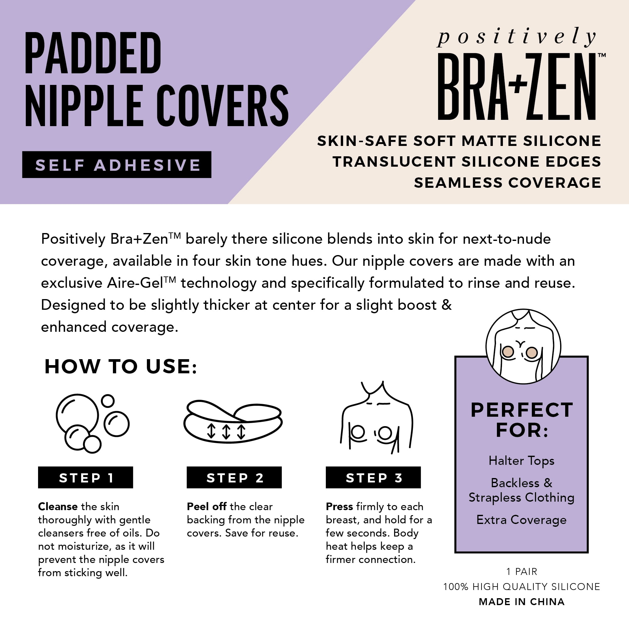 Positively BRA+ZEN Reusable Silicone Padded Adhesive Nipple Covers Pasties, Cup Size A-C