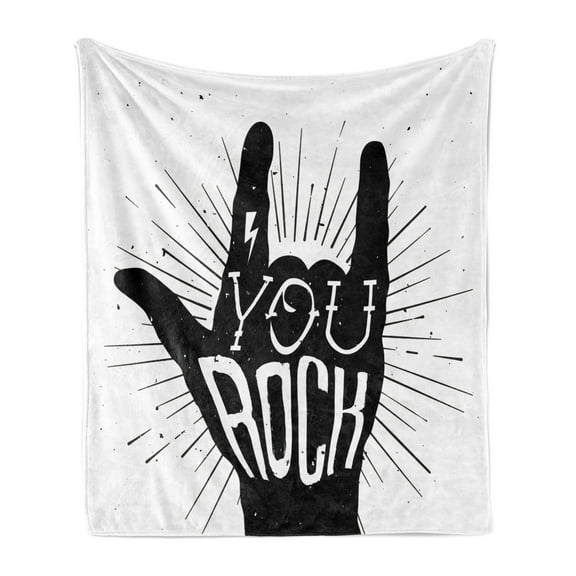 Rock Music Soft Flannel Fleece Throw Blanket, You Rock Words with Devil and Abstract Lines Monochrome Tattoo Pattern, Cozy Plush for Indoor and Outdoor Use, 50" x 60", Black White, by Ambesonne