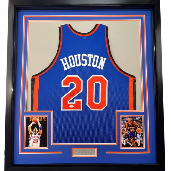 Framed Autographed/Signed Allan Houston 35x39 New York Blue Basketball Jersey PSA/DNA COA