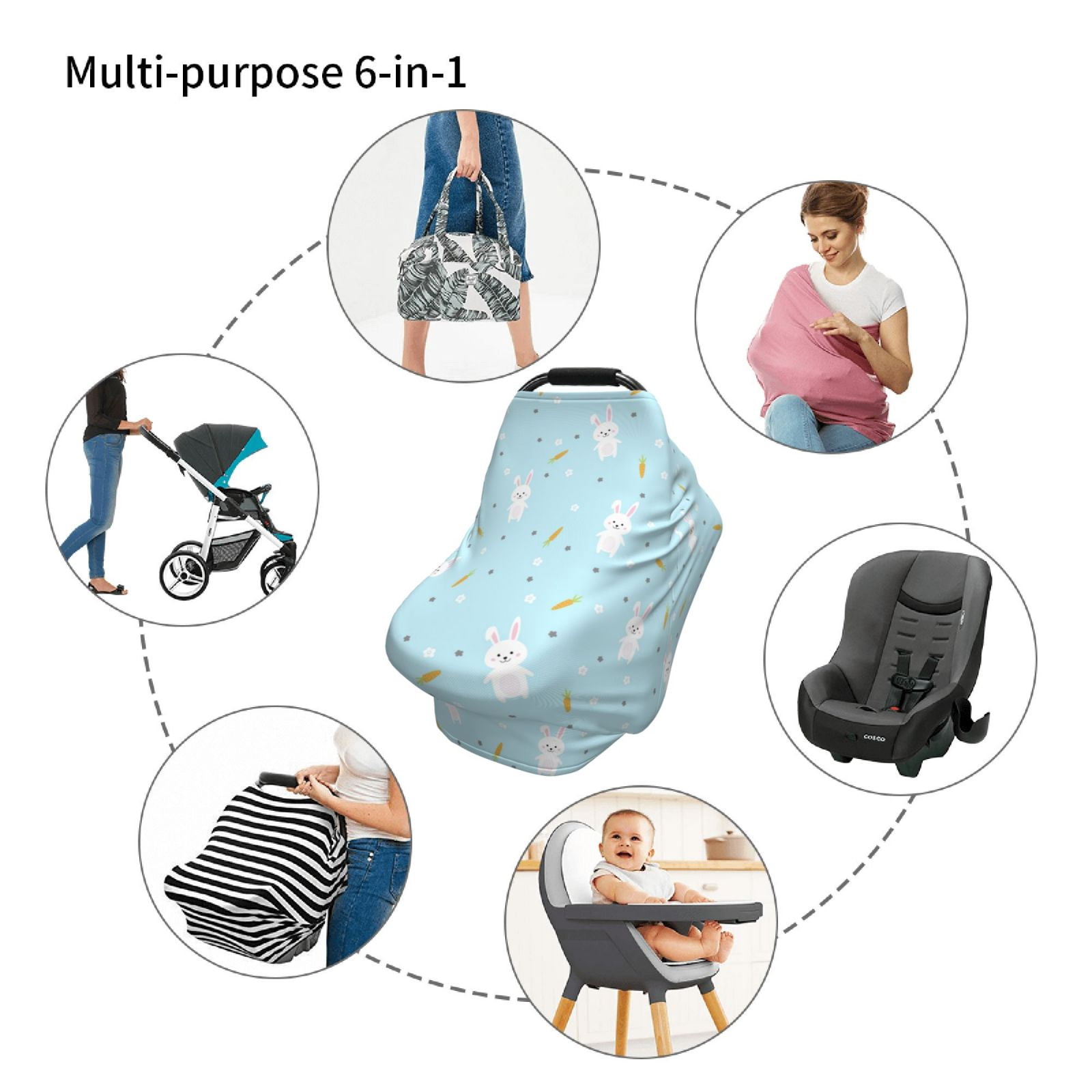 Fotbe Cute Bunny Pattern Car Seat Covers for Babies, Nursing Breastfeeding Cover Infant Carseat Canopy, Soft Stretchy Carrier Cover