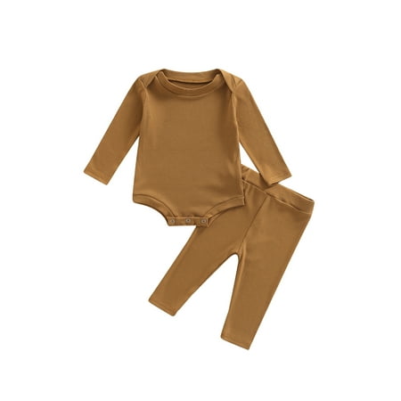 

Binpure 2 Pcs Newborn Ribbed Pants Set Toddler Solid Color Long Sleeve Round Neck Bodysuit + Trousers