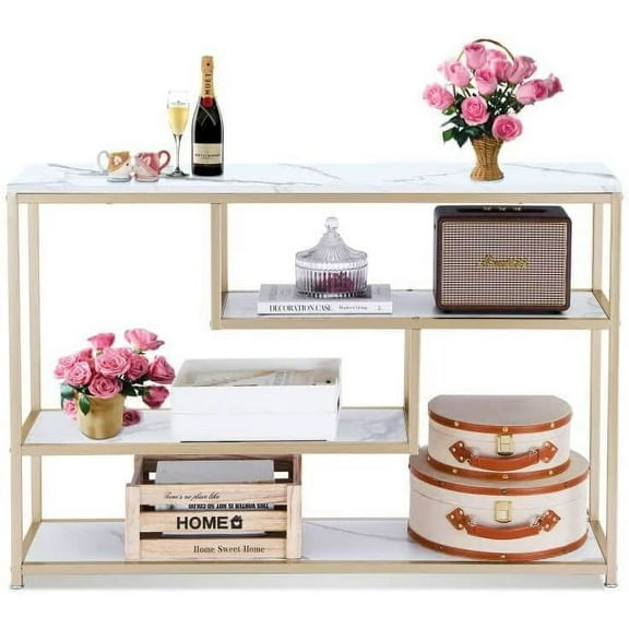 ivinta Entryway Table with Storage Shelves, White 3-Tier Console Table for Living Room, Hallway, Entrance, Sage-90gold