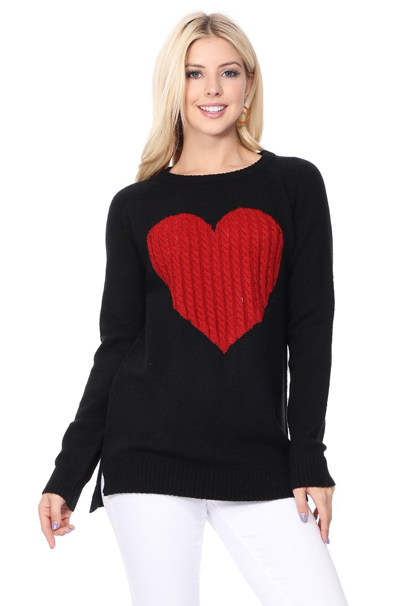 YEMAK Women's Pullover Sweater Long Sleeve Crewneck Heart Knitted Top ...