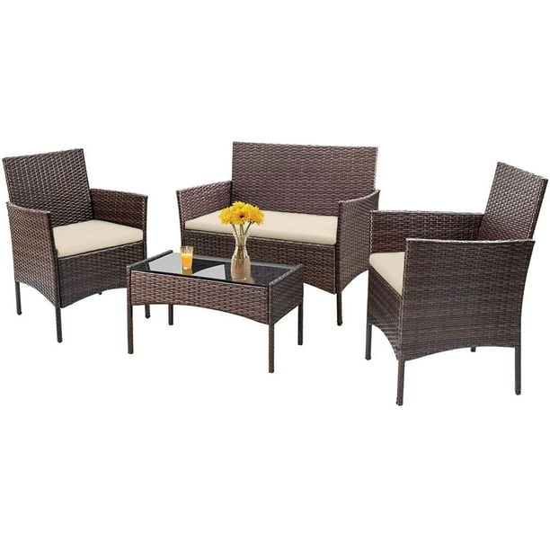 Patio Furniture Set 4 Piece Outdoor Patyo Sofas Rattan Chair Patyo Conversation Set Coffee Table Bistro Sets For Pool Backyard Lawn Brown Walmart Com Walmart Com