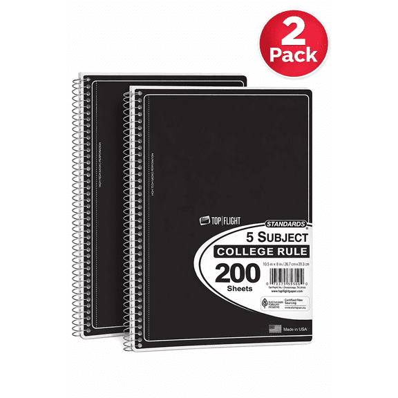 Top Flight 5 Subject College Ruled Notebook 200 Sheets – 2 Pack – Assorted Colors – Spiral Bound – 10.5" x 8"
