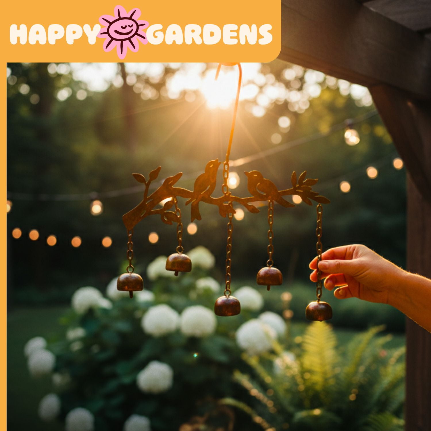 Happy Gardens Bird Wind Chimes with Bells | 5 Suspended Bells Windchime with Birds Garden Decor | Mothers Day Outdoor Gifts & Backyard Decorations