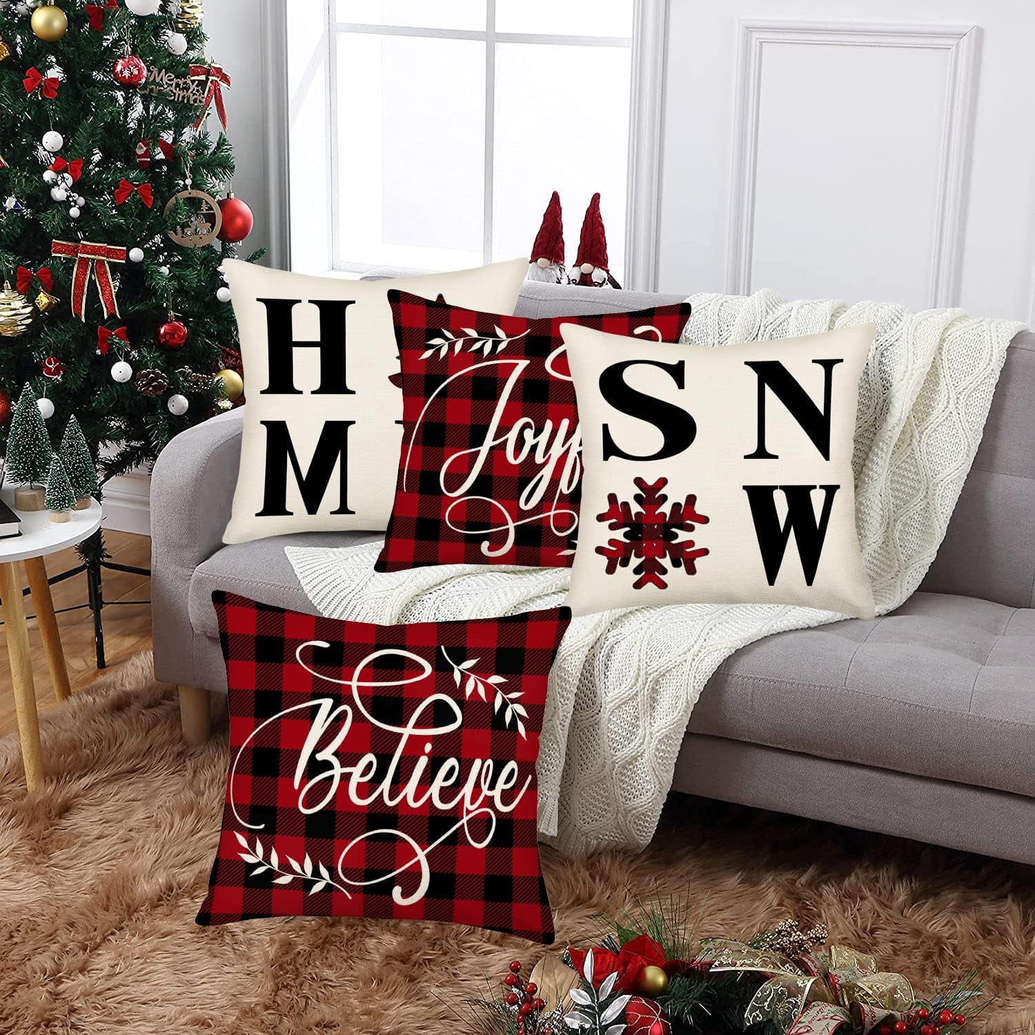 Merry Christmas Snow Home Pillow Cover Red Black Buffalo Plaid Believe Joyful Xmas Tree Snowflake Winter Christmas Farmhouse Decorative Throw Pillow Covers 16x16 Inch Set of 4 Cushion Case