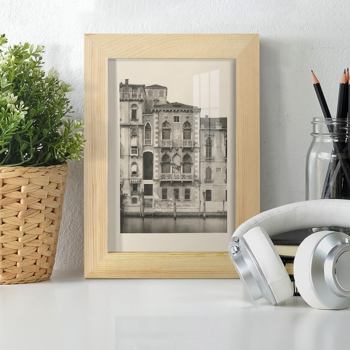 Vintage Views of Venice III - Framed Print w/glass - Natural Wood