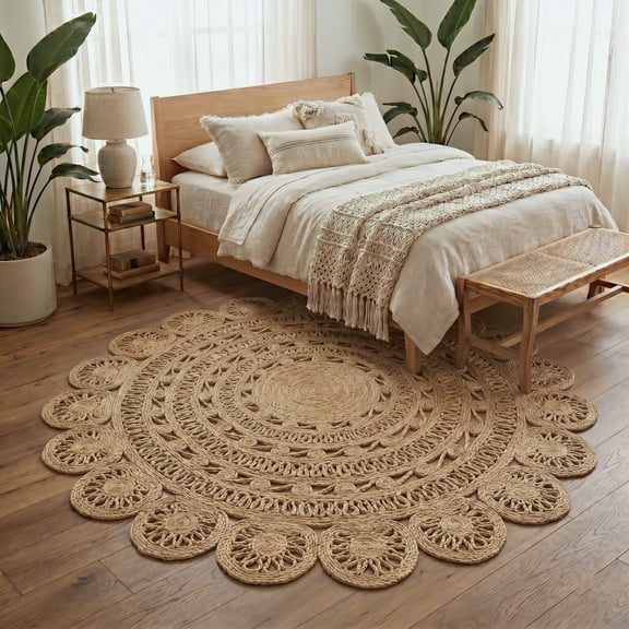 Harlow Hill Cora 4' Round Tan/Beige Geometric Hand Braided Reversible Jute Indoor Area Rug