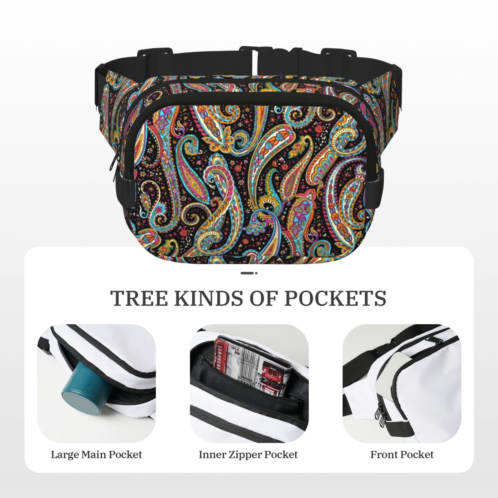 Picia Watercolor Romantic Paisley Print Square Double-Layer Waist Bag Mini Adjustable Waist Belt Bag Exercise Running Travel Hiking