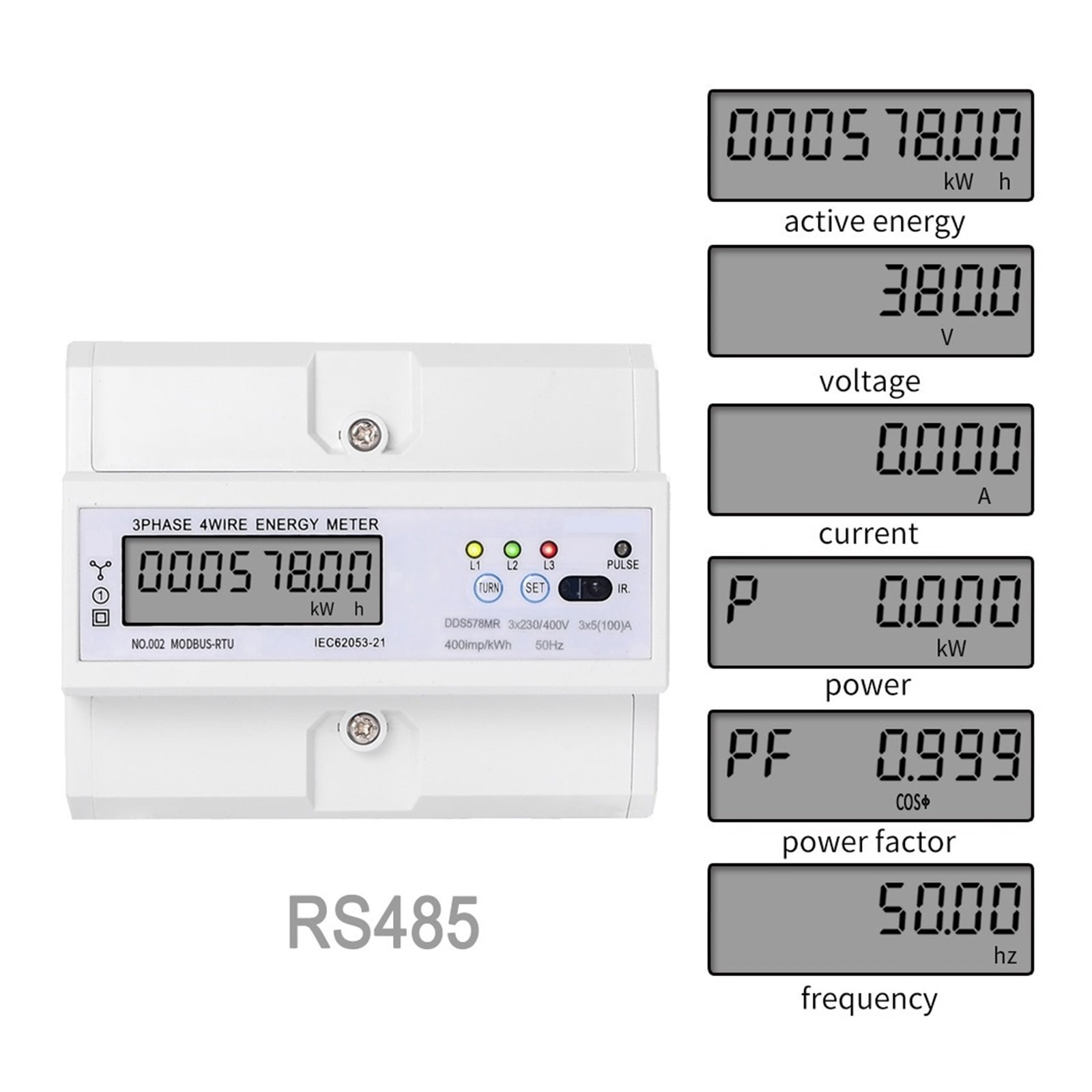5-100A 3 Phase 4 Wire DIN Rail Energy Meter Digital Power Factor Monitor With Voltage Current Frequency Display Power Consumption Monitor ,Overload Protection