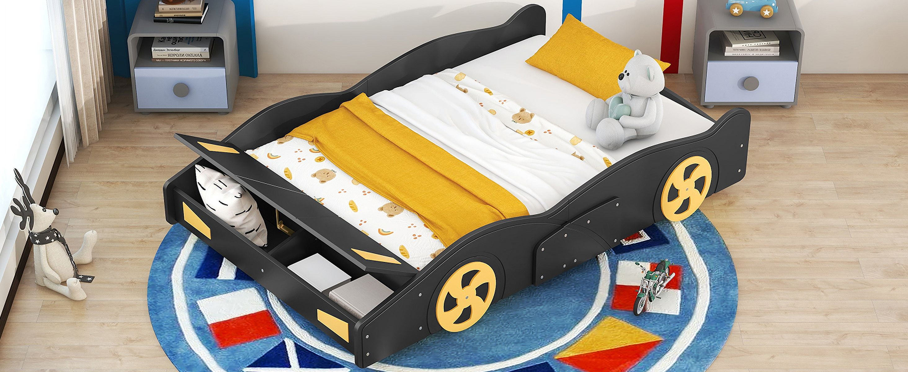 Full Size Platform Bed with Wheels and Storage, Black+Yellow