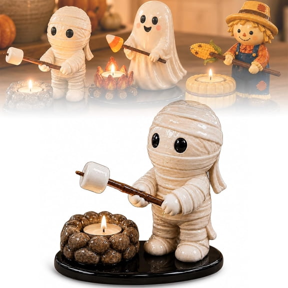 Halloween Campfire Tealight Holder, Cute Ghost Mummy Scarecrow Figurine, Ghost Campfire Gathering Candle Holder for Halloween Decor, Mantel, Shelf and Tabletop, Candle Not Included (Style B)
