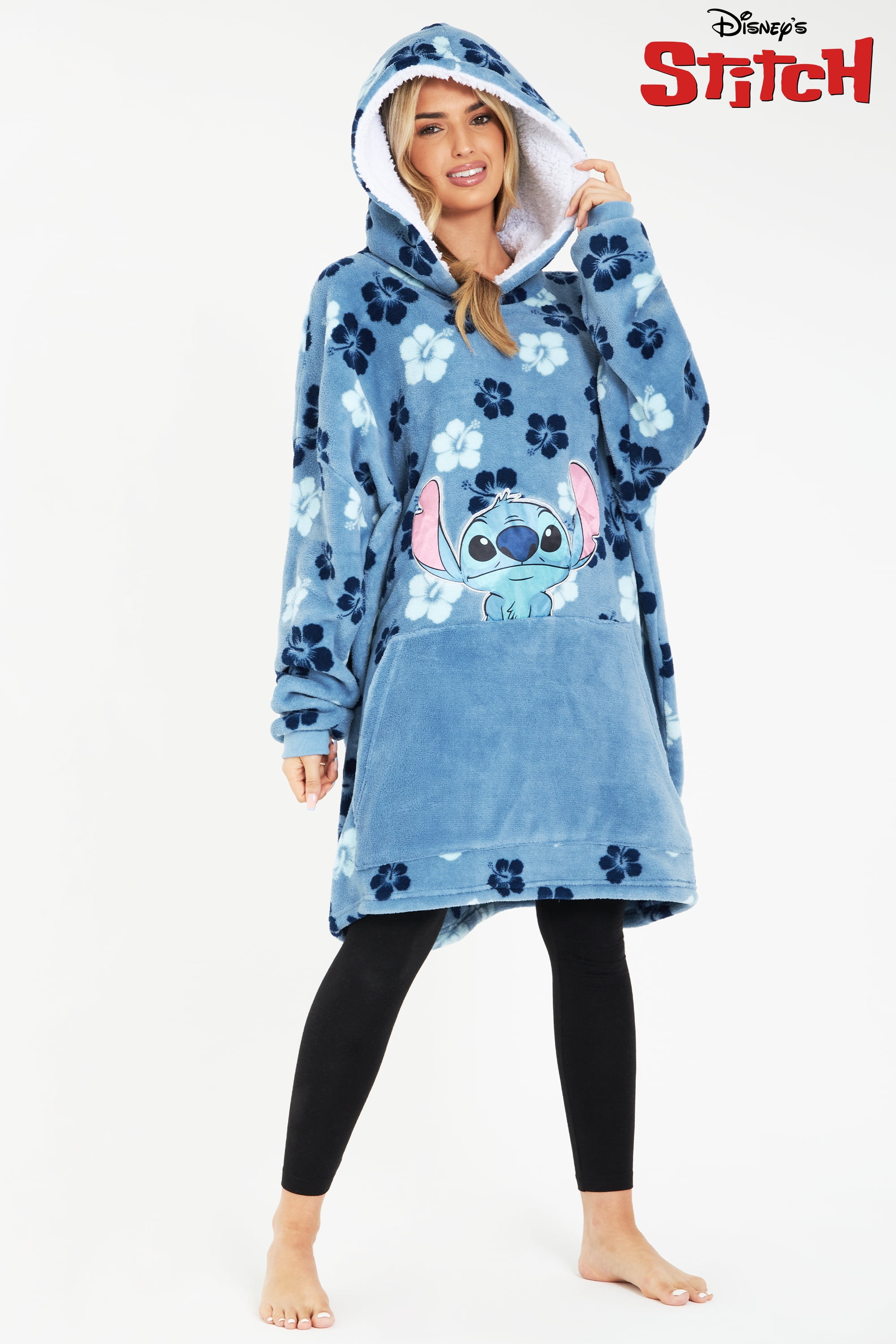 Stitch Flowers Fleece Fluffy Blanket Oversized Poncho Hoodie