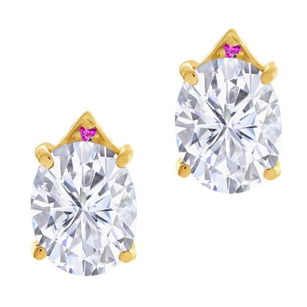 5.46 Ct Oval White Created Moissanite Pink Sapphire 18K Yellow Gold Earrings by